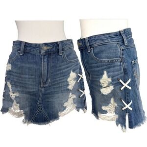 Hollister High Rise Distressed Denim Mini Skirt Lace Up Sides W26 Y2K Grunge